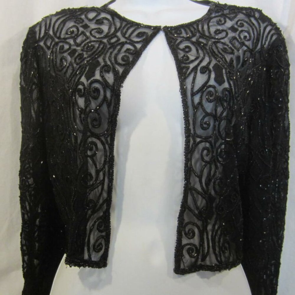 LAURENCE KAZAR black beaded crop sheer jacket WOMEN M/L VINTAGE
